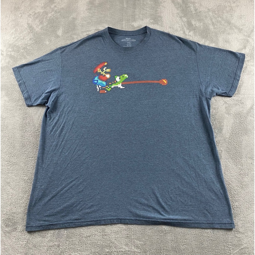 Super Mario World Mens 2XL Blue Heather Yoshi Pixel Art Graphic‎ T-Shirt Retro